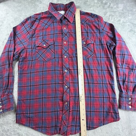 Wrangler Wrancher Pearl Snap Shirt Men Large Red Plaid Flannel Long Sleeve Ranch - Picture 6 of 8
